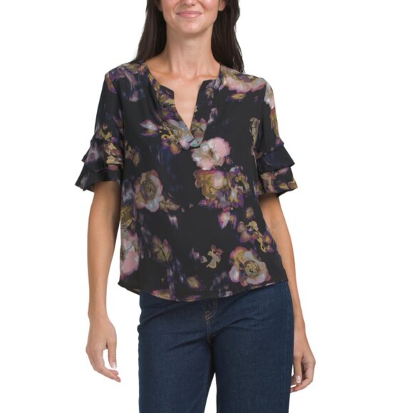 ALEX + LILI BLACK MULTI Short Sleeve Blouse - Picture 1 of 2